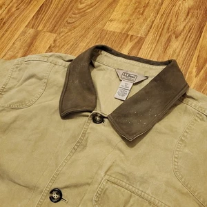 Vintage LL Bean Chore Barn Jacket Men 2XL Khaki Leather Collar Cow Nubuck Work - Picture 1 of 9