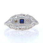 White Gold Lab-Created Sapphire Diamond Art Deco Ring -14k Square .22ctw Vintage