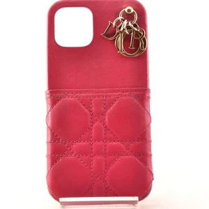 Christian Dior Phone Case Leather Pink Gold Logo Women Used Auth 10E6152 - Zdjęcie 1 z 14