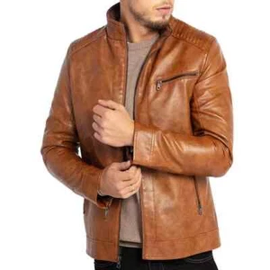 Men's Tan Brown Hanmade Quilted Style Leather Jacket Pure SlimFit Real Lambskin - Picture 1 of 14