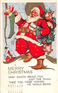 J49/ Santa Claus Merry Christmas Postcard c1910 Stocking Toys Snow 350 - Picture 1 of 4