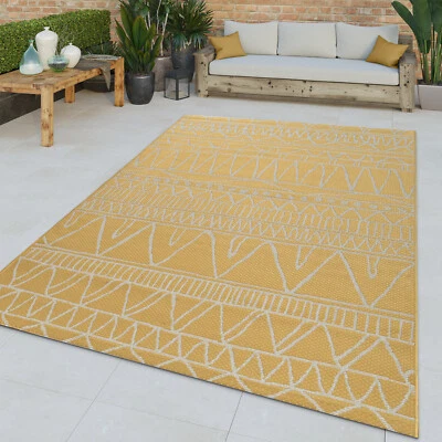 Tapis Tissé À Plat Intérieur & Extérieur Motif Abstrait Oriental Jaune Moderne - Photo 1/3