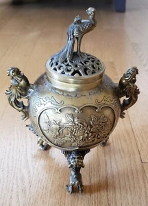 Vtg Chinese Ancient Brass Phoenix Bird Foo Dogs Peacock Incense Burner Censer - Picture 1 of 17