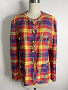 ESCADA Margaretha Ley EU 42 AU 14 90s Vtg Multicolour Check Linen Blazer Jacket - Picture 1 of 12