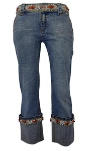 ALLEN B BLUE DENIM JEANS HOSE KORALLE PERLEN PAILLETTEN DETAIL TAILLENBÜNDCHEN CROP GR. S - Bild 1 von 8