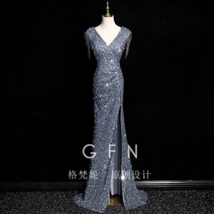Womens Silver Evening Gown Women's Banquet Luxury Fish Tail Dress Sequins Dress - Picture 1 of 22