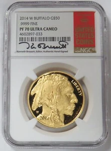 2014 W GOLD $50 PROOF BUFFALO BRESSETT SIGNED 1 OZ NGC PF 70 UC RED BOOK LABEL - Picture 1 of 2