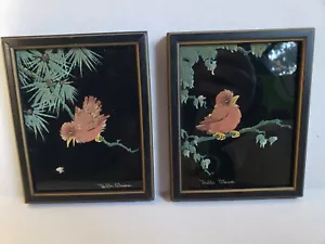2 Pinturas Pequeñas Vintage Lindas Pájaros Pinturas Texturizadas sobre Vidrio Delle Olsen Artista - Imagen 1 de 5