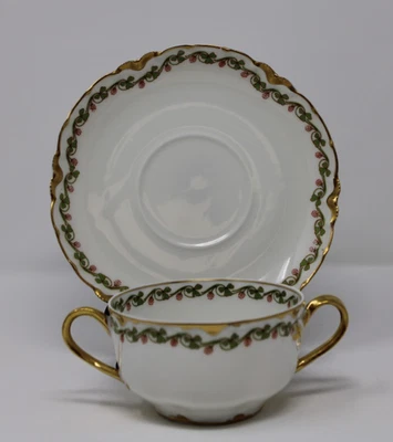 Haviland Clover Leaf Bouillon Soup Cup & Saucer Double Handle Gold Schleiger 98 - Image 1 of 4