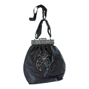 Vintage Antique Beaded Evening Bag Turquoise Clasp Kiss Lock Push Purse Velvet - Picture 1 of 8