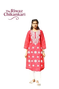 Red Cotton Chikankari Kurti for wome | Handcrafted Lucknowi Embroidered - Picture 1 of 6