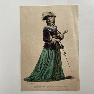 Antiguo retrato grabado a mano de Cristina, reina de Suecia  Foto 1 de 4