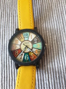 Damenuhr rund Zifferblatt Bunt Armband gelb Leder - Bild 1 von 2