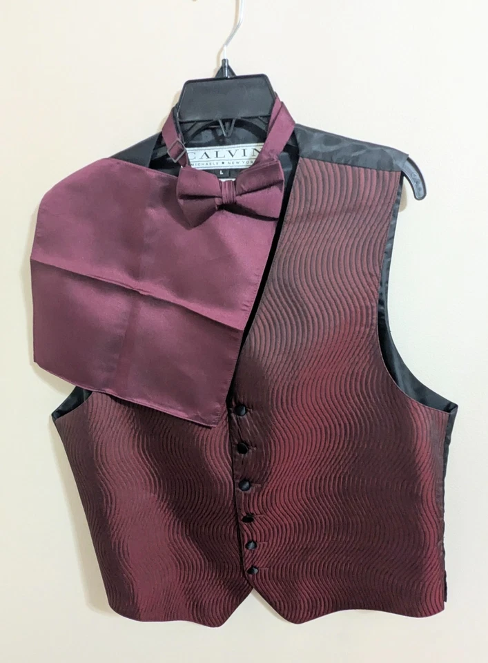 Men's Wine Formal Tuxedo Vest, Bowtie, & Hankie - Image 1 of 2