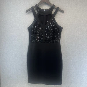 Guess Womens Dress Sequin Halter Cutout Top Black Fitted Mini Embellished Party - Picture 1 of 13