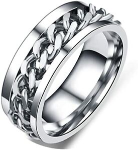 Comfort Fit Cuban Link Chain Spinner Ring Stainless Steel Wedding Band 52