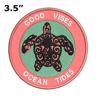 Sea Turtle Good Vibes & Ocean Tides Patch Embroidered Iron-on Applique Sea Life - Image 1 of 4