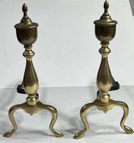 Vintage Pair of MCM Fireplace Andirons Set 16” Tall Brass Cover