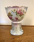Compote Pedestal Bowl Vase. Pastel Floral Décor w/ Gold Trim & Handles-Antique