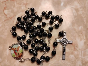 Rosario San Miguel Cuentas Cristal Ónix Negro Medalla Plata San Benito Crucifijo Italia - Imagen 1 de 6