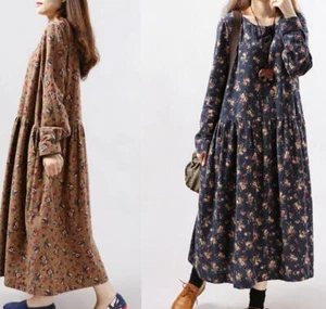 Retro Women Vintage Cotton Linen Loose Floral Dress Long Sleeve Large Size Maxi - Picture 1 of 15