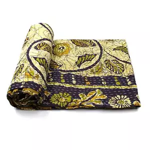 Vintage Kantha Quilt Indian Handmade Cotton Bedspread Stylish Throw Blanket - Picture 1 of 6