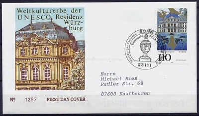 FDC Germany, 1998. Bonn to Kaufbeuren. Weltkulturerbe der Unesco Residenz Wurzbu - Image 1 of 3