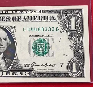 1985 $1 DOLLAR BILL ( CHICAGO G ) Fancy Trinary 44488333 UNCIRCULATED - Picture 1 of 3