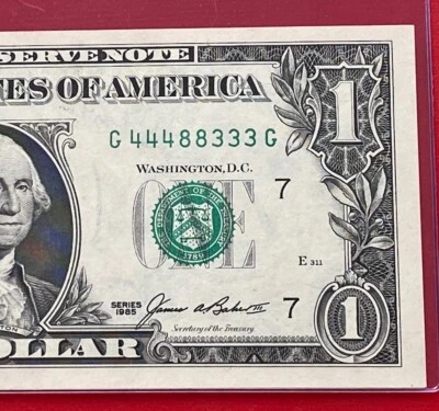 1985 $1 DOLLAR BILL ( CHICAGO G ) Fancy Trinary  44488333 UNCIRCULATED - Image 1 of 3
