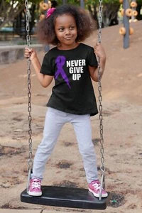 Kids Purple Ribbon Shirt Never Give Up Awareness T Shirt Lupus Fibromyalgia Canc - Picture 1 of 24