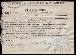 1839 A Rare - PENRITH & CARLISLE RAILWAY COMPANY Share certificate - Picture 1 of 1