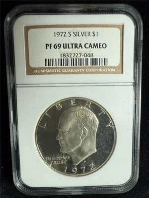 1972 S Eisenhower IKE LABEL SILVER $1 Dollar PF69 ULTRA CAMEO UCAM NGC SKU 3768 - Image 1 of 2