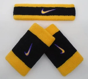 Nike Swoosh Headband & Wristbands Set Adult Black Court Purple University Gold - Picture 1 of 2