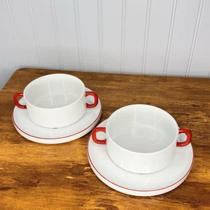 2 RARE Vintage Melitta Friesland Germany Soup Mug Plate Handle Life 5112 Red MCM - Picture 1 of 16
