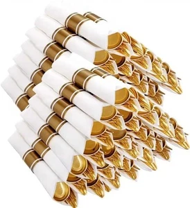 Juegos de cubiertos de plástico dorado preenrollado 400 piezas - cubiertos de oro de alta resistencia - en... - Imagen 1 de 9