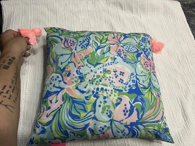 Lilly Pulitzer Pink Blue Green 16” Square Tasseled Couch Throw Pillow Floral - Image 1 of 4