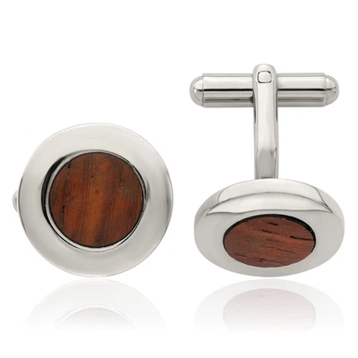 Stainless Steel Koa Wood Round Cufflinks Set for Men - Image 1 of 4