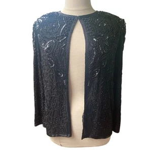 Giacca Adrianna Papell sera nera seta perline XL paillettes evento formale vacanza - Foto 1 di 6