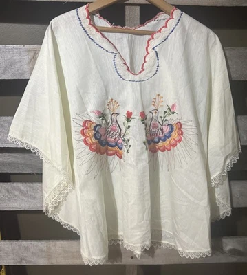 Top caftano pavone vintage fatto a mano taglia S/M avorio multicolore ricamo boho - Immagine 1 di 3