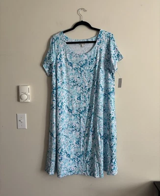 NWT Talbots Plus SIze 1X Dress Sundress A Line Floral Purple Blue Cotton Stretch - Image 1 of 4