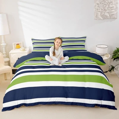 Striped Duvet Cover Set Queen Size, Green Blue and White Stripes Print Simple... - Image 1 of 4
