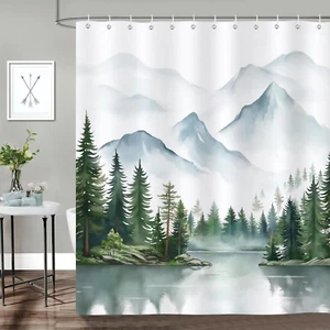 Bonhause Green Misty Forest Shower Curtain, Watercolor Mountain Lake Landscape - Picture 1 of 12