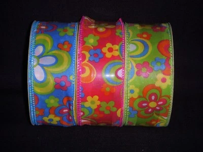 NEW! Floral Blue Pink Green Flowers 1.5" Wired Ribbon - 3 Yards 1 1/2" Wire Edge - Image 1 of 4