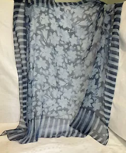 Vintage Square Scarf Laura Ashley Fashion Blue Floral Silk Chiffon Stripes Used - Picture 1 of 8