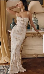 House Or Cb Capriana White Gold Jacquard Satin Maxi Gown Size Large (136) - Picture 1 of 5