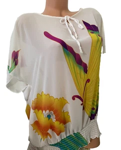 BOff weiß bunt Schmetterling transparent schöne Kurzarm Bluse Top Shirt Gr. L/XL - Bild 1 von 2