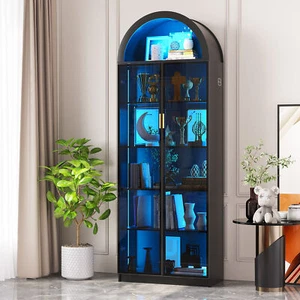 Display Cabinet with Doors & Adjustable Shelf, 76" Tall Bookcase with LED Lights - Picture 1 of 19