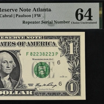 2006 $1 Federal Reserve Note PMG 64 - Repeater Serial Number - 82238223 - Image 1 of 3