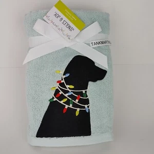 Set of 2 Jingles & Joy Bath Hand Towels Christmas Embroidered Black Lab Dog Aqua - Picture 1 of 7