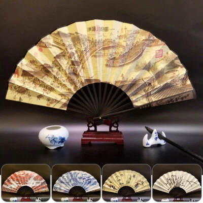 Men's Vintage Folding Bamboo Hand Fan Chinese Painting Silk Bamboo Handfan Craft - Image 1 of 4